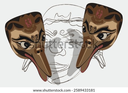 Vector illustration on carnival bird mask and big line sketch of person behind
