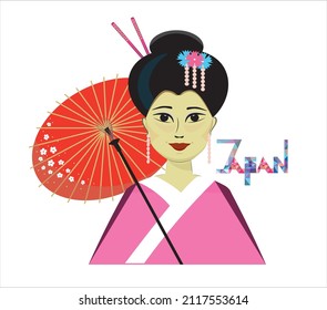 Ilustración vectorial en un estilo de caricatura. Geisha japonesa en kimono tradicional con paraguas