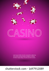 Vector illustration on a casino theme with shiny neon light letter and falling colorful chips. Gambling design for invitation or promo banner.