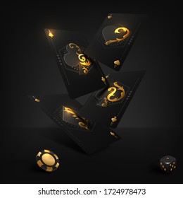 Vector illustration on a casino theme with poker symbols and poker cards on dark background. Vector illustration