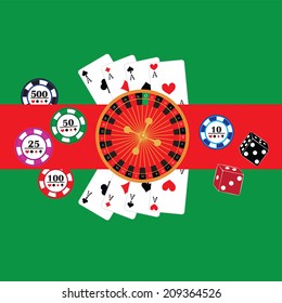 Vector illustration on a casino theme with roulette wheel.