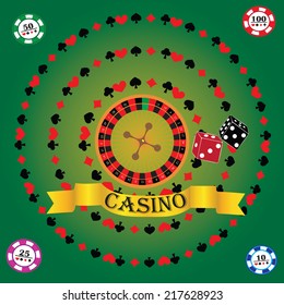Vector illustration on a casino theme with roulette wheel.