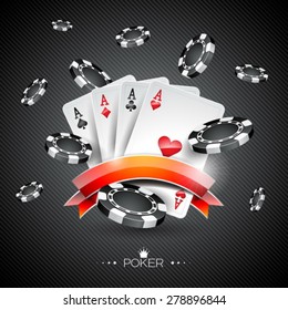 Vector illustration on a casino theme with poker symbols and poker cards on dark background. EPS 10 design
