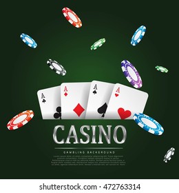 Vector illustration on a casino theme with symbols of poker and poker cards on a green background .Silver label EPS 10 design