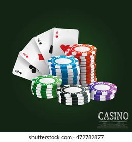 Vector illustration on a casino theme with symbols of poker and poker cards on a green background .Silver label EPS 10 design