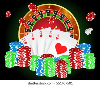 Vector illustration on a casino theme with roulette wheel and playing chips on dark background. 