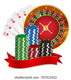 Vector illustration on a casino theme with roulette wheel and ribbon.
