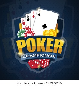 Vector illustration on a casino theme with poker symbols and poker cards on dark background. Casino logo design, grange print stamp, creative poker typography emblem, Vector EPS 10 design