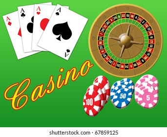 Vector illustration on a casino theme with playing cards, roulette and  chips.