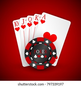 Vector illustration on a casino theme with red playing chips and playig cards on dark background. Gambling design elements.