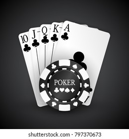 Vector illustration on a casino theme with playing chips and playig cards on dark background. Gambling design elements.