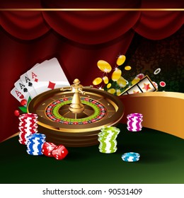 Vector illustration on a casino theme with roulette wheel, playing cards and poker chips.