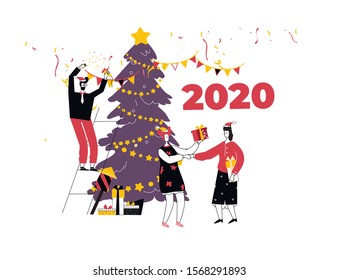 Vector illustration on celebration, party, winter holidays theme for postcard, poster.Christmas and New Year concept for greeting card with Decorating christmas tree People in santa hats have fun.