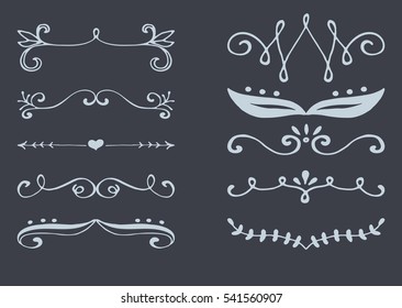  Vector illustration on a chalkboard.Set of hand drawn borders with flourish decorative elements.