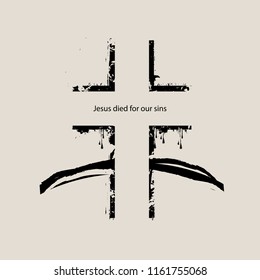 Vector illustration on Christian theme with abstract cross on the hill and words Jesus died for our sins