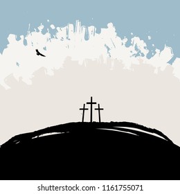 Vector illustration on Christian theme with three crosses on Mount Calvary on abstract grunge background