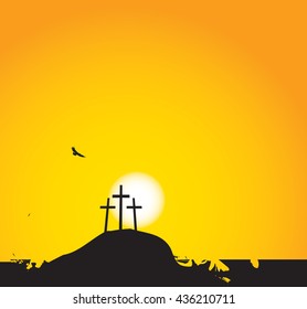 vector illustration on Christian themes with three crosses on Mount Calvary