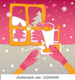 Vector illustration on Christmas Eve, it snows outside but inside the man is warming his hands in mittens with a cup of hot tea