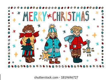 Vector illustration on a Christmas theme. Children's drawings in the style of doodle. Seamless pattern for Christmas tree, stars, snowflakes, people.