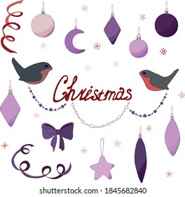 Vector illustration on the Christmas theme isolated on a white background. Set of Christmas toys and birds.