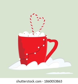 Vector illustration on a Christmas theme. Red drink cup decorated with marshmallows, candy canes and decorative garland.