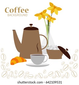 Vector illustration on coffee, postcard, design, background, hot coffee, cup, beans