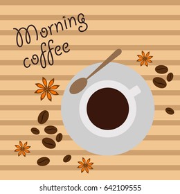 Vector illustration on coffee, postcard, design, background, hot coffee, cup, beans
