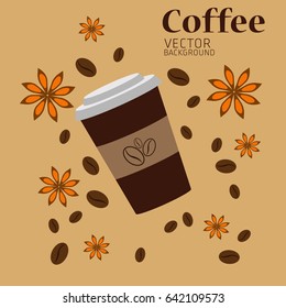 Vector illustration on coffee, postcard, design, background, hot coffee, cup, beans