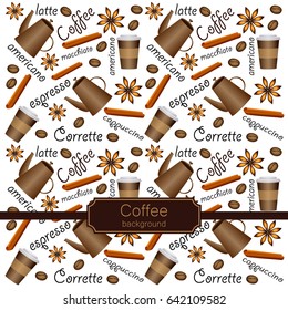 Vector illustration on coffee, postcard, design, background, hot coffee, cup, beans