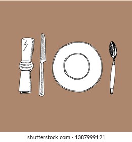 Vector illustration on color background. dishes on the table, table setting.