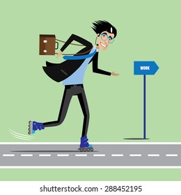 Vector illustration on color background featuring happy businessman with briefcase and headset on roller skate