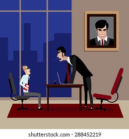 Vector illustration on color background featuring boss shouting on his employee in office