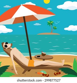 Vector illustration on color background featuring man sunbathing on the beach of the island and drinking a cocktail