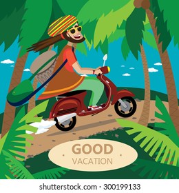 Vector illustration on color background featuring rasta motorcyclist on the retro scooter, in the tropics, with drum, sunglasses and bag