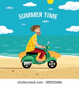 Vector illustration on color background featuring motorcyclist surfer on the retro scooter with surfboard on the beach