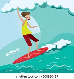 Vector illustration on color background featuring surfer on a surfboard on a wave