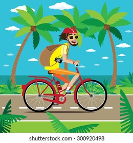 Vector illustration on color background featuring bicycler is traveling on the road in the tropics with backpack and camera