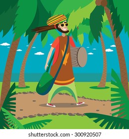 Vector illustration on color background featuring rasta man walking in the tropics with drum and bag
