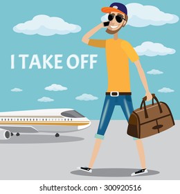 Vector illustration on color background featuring man calling on the phone and sits in the plane