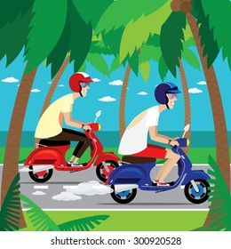 Vector illustration on color background featuring two motorcyclist riding on a retro scooters together