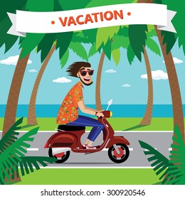 Vector illustration on color background featuring motorcyclist on the retro scooter with sunglasses, palms, ocean