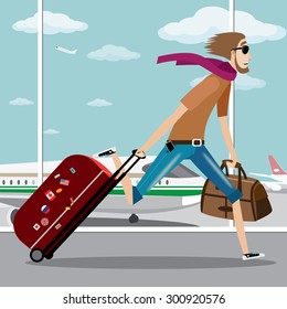 Vector illustration on color background featuring man with bag, suitcase and sunglasses late for the plane