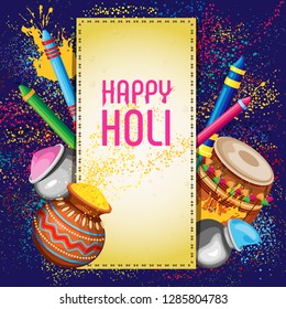 Vector illustration on colorful background for holi festival of colors. Attributes of the holiday under the stitched parchment.