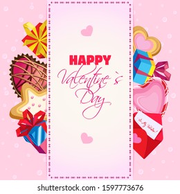 Vector illustration on colorful background for st. Valentine day. Attributes of the holiday under the stitched parchment.
