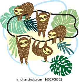 Vector illustration on a colorful background. Wallpaper with toad sloth. Ideas for design backgrounds, print, funny holiday cards and postcards