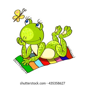 Vector illustration on a colorless background. a green frog lies on the colored beach towel
