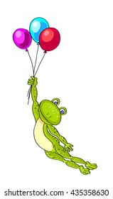 Ilustração vetorial sobre um fundo incolor com um sapo verde voador com três balões coloridos