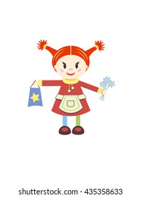 Vector illustration on a colorless background with a girl holding a bouquet of flowers and a gift bag