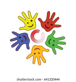 Vector illustration on colorless background with circle of colorful palms of the hands
