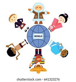 Vector illustration on colorless background with set of persons different nationality around planet
